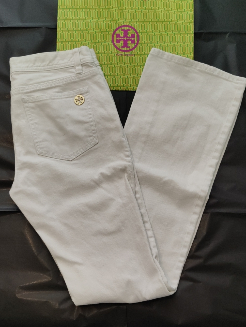 Tory Burch White Jeans with Gold Logo Button